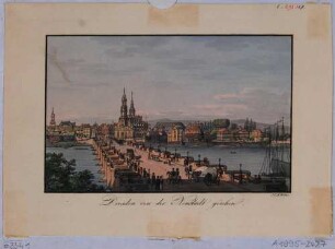 Stadtansicht von Dresden, Blick vom Narrenhäusl der Neustädter Elbseite über die Augustusbrücke auf die Altstadt, mit Moretti-Theater