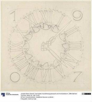 Darmstadt, Ausstellungsgebäude und Hochzeitsturm, Zifferblatt der Turmuhr