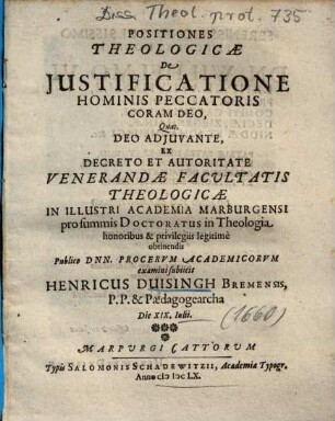 Positiones Theologicae De Justificatione Hominis Peccatoris Coram Deo