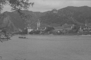 Dürnstein: Blick über die Donau auf Dürnstein, Vordergrund Äste