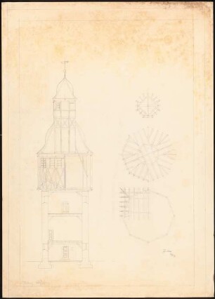 Evangelische Dorfkirche mit Pfarrhaus: Querschnitt des Turms