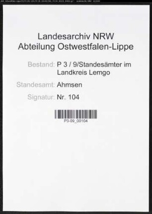 Sterberegister Standesamt Ahmsen