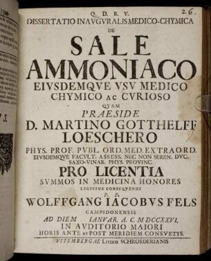 Dissertatio Inauguralis Medico-Chymica De Sale Ammoniaco Eiusdemque Usu Medico Chymico Ac Curioso