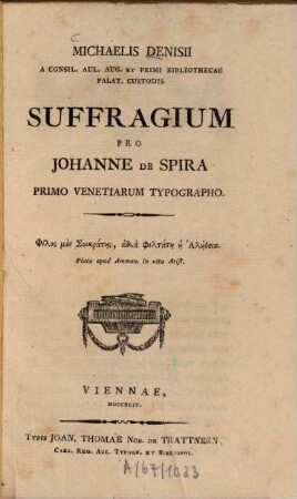 Michaelis Denisii Suffragium pro Johanne de Spira, primo Venetiarum typographo