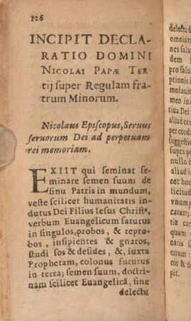 Incipit Declaratio Domini Nicolai Papae Tertij super Regulam fratrum Minorum.