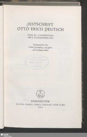 Festschrift Otto Erich Deutsch zum 80. Geburtstag am 5. September 1963