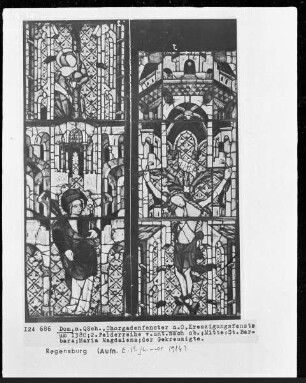 Fenster N VI, Kreuzigungsfenster, Felder: Kreuzigungsfenster: Der gekreuzigte Christus mit Heiliger Barbara und Maria Magdalena