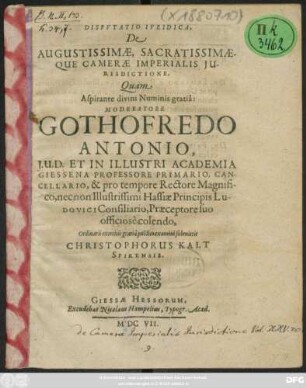 Disputatio Iuridica, De Augustissimae, Sacratissimaeque Camerae Imperialis Iurisdictione