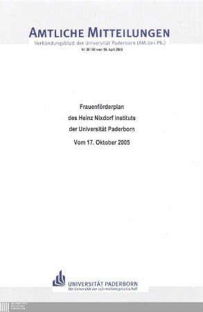 Frauenförderplan des Heinz-Nixdorf-Instituts der Universität Paderborn : vom 17. Oktober 2005
