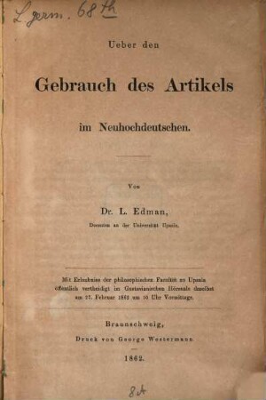 Ueber den Gebrauch des Artikels im Neuhochdeutschen