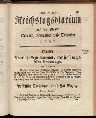 Reichstagsdiarium auf die Monate October, November und December 1791.