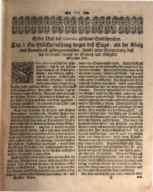 Antonii de Guevara, Barfüsser Ordens, Bischoffens zu Mondenedo, Käysers Caroli V. Hoff-Predigers, Canonisten, Chronisten und Raths Opera Omnia Historico-Politica : I. Güldene Send-Schreiben. II. Fürstlichen Weck-Uhr und Lust-Garten. III. Mißbrauch des Hof- und Lob des Land-Lebens. IV. Der wohlgezierte Hofmann, oder Hof-Schuhl. V. Von Gastereyen und Zutrincken ... In Drey Theil abgetheilt ...