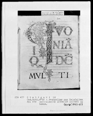 Evangeliar aus Zwiefalten — Initialseite Q(uoniam quidem), Folio 81verso