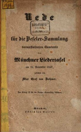 Rede, gesprochen in dem für die Beseler-Sammlung veranstalteten Concerte der Münchner Liedertafel am 22. November 1847