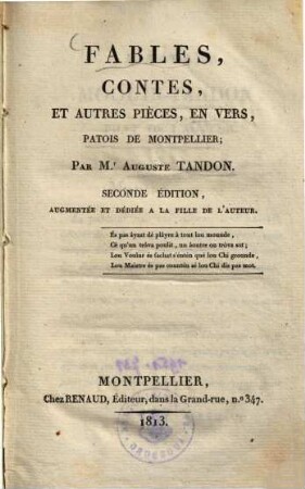 Fables Contes, et autres piec̀es : en vers, patois de Montpellier