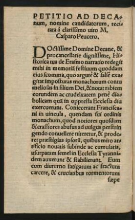 Petitio Ad Decanum ... recitata a clarissimo viro M. Casparo Peucero.