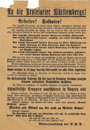 "An die Proletarier Württembergs!" Flugblatt des Aktionsausschusses der KPD zur Unterstützung der Räterepublik in Bayern