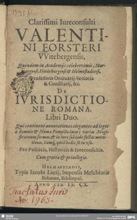 Valentini Forsteri De iurisdictione Romana libri duo