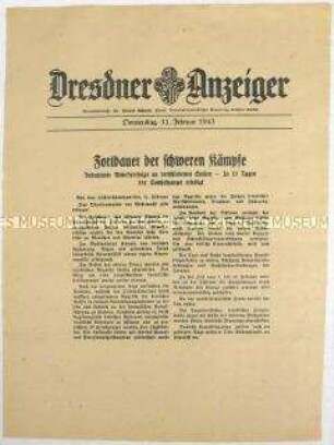 Nachrichtenblatt "Dresdner Anzeiger" mit Meldungen des Oberkommandos der Wehrmacht u.a. zum Kriegsgeschehen an der Ostfront