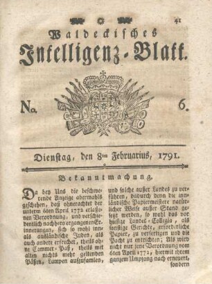 No. 6, Dienstag, den 8ten Februarius, 1791