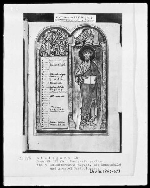 Psalterium (sogenannter Landgrafenpsalter) — Kalendar, Folio 1verso-7recto — Buchseite August mit Apostel Bartholomäus und Monatsbild, Folio 5recto