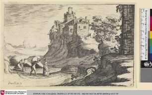 [Landschaft mit Frau die am Fuße einer Stadt am Fluss die Wäsche wäscht, daneben ein Paar mit Wäsche und Eimern]