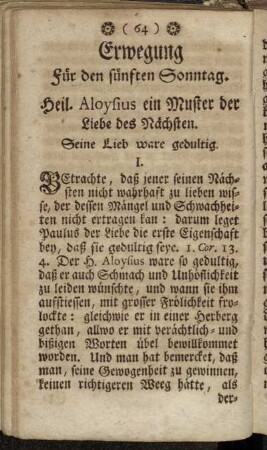 Erwegung für den fünften Sonntag. Heil. Aloysius ein Muster der Liebe des Nächsten.