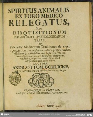Spiritus Animalis Ex Foro Medico Relegatus, Sive Disquisitionum Physiologico-Pathologicarum trias, Qua Fabulosae Medicorum Traditiones de Spirituum Animalium existentia, natura, proprietatibus, effectibus & adfectibus morbosis enarrantur, totum systema vanitatis falsitatisq[ue] coarguitur, tandemq[ue], in perpetuum exilium illud relegandum esse, concluditur