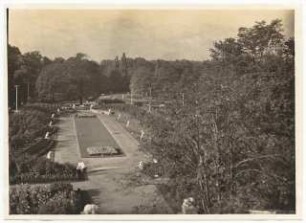 Ausstellungsgarten Jubiläums-Gartenbau-Ausstellung 1926, Dresden: Blick vom Grünen Dom auf den Garten zum blauen Rittersporn, Abschnitt 5
