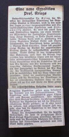 Zeitungsartikel über eine neue Südamerika-Expedition