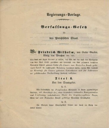 Vergleichende Zusammenstellung des von der Regierung vorgelegten Entwurfs des Verfassungs-Gesetzes und des von der Verfassungs-Kommission überreichten Entwurfs der Verfassungs-Urkunde für den Preußischen Staat.