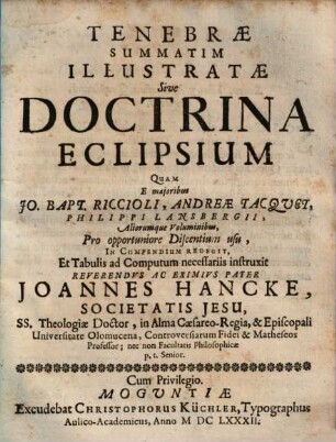 Tenebrae Summatim Illustratae Sive Doctrina Eclipsium