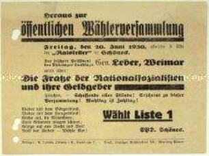 Ankündigung einer Versammlung der SPD mit einer Rede von Hermann Leber am 20. Juni 1930 in Schöneck zur bevorstehenden sächsischen Landtagswahl