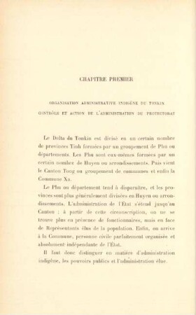 Chapitre premier. Organisation administrative indigène du Tonkin. Contrôle et action de l'administration du Protectorat