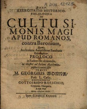 Exercitatio Historico-Philologica De Cultu Simonis Magi Apud Romanos, contra Baronium