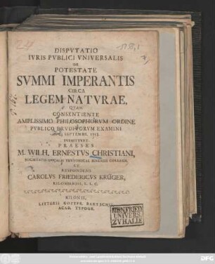 Dispvtatio Ivris Pvblici Vniversalis De Potestate Svmmi Imperantis Circa Legem Natvrae