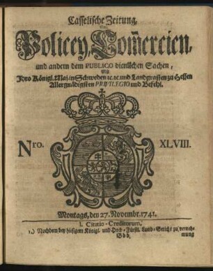 Nro. XLVIII, Montags, den 27. Novembr. 1741