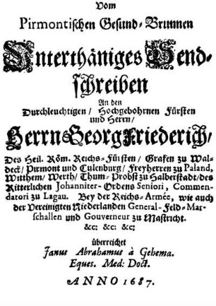 Vom Pirmontischen Gesund-Brunnen ... Send-Schreiben ...