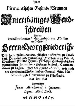 Vom Pirmontischen Gesund-Brunnen ... Send-Schreiben ...