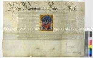 Wappenbrief von Maximilian II. Kaiser des Heiligen Römischen Reiches für den Kanzleischreiber Joachim Sachs und dessen Sohn Erasmus