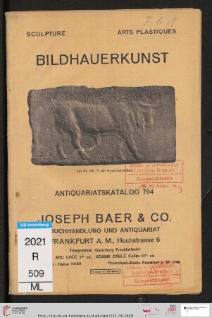 Nr. 794: Lagerkatalog / Josef Baer & Co., Frankfurt a.M.: Bildhauerkunst (Katalog-Nr. 794)