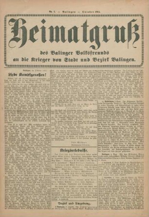 2.1915: Heimatgruß des Balinger Volksfreunds an die Krieger von Stadt und Bezirk Balingen