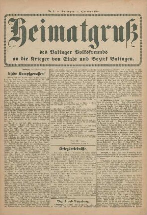 2.1915: Heimatgruß des Balinger Volksfreunds an die Krieger von Stadt und Bezirk Balingen