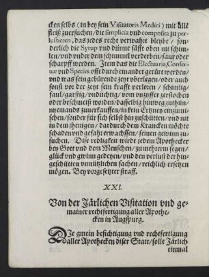 XXI. Von der Järlichen Visitation und gemainer rechtfertigung aller Apothecken in Augspurg.