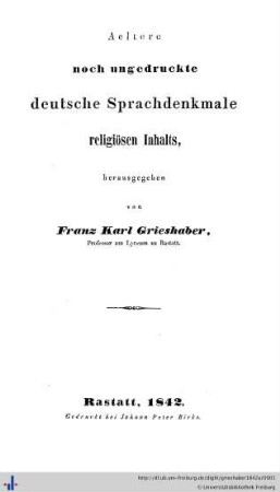 Aeltere noch ungedruckte deutsche Sprachdenkmale religiösen Inhalts