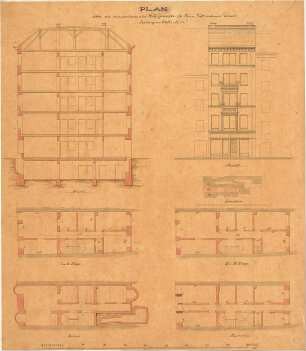 Reiffenstuel, Michael; München; Haus Lohner, Laden - Lageplan, Grundriss Keller, Grundriss EG,Grundriss 1. OG u. 2. OG, Grundriss 2. OG u. 3. OG, Ansicht, Schnitt