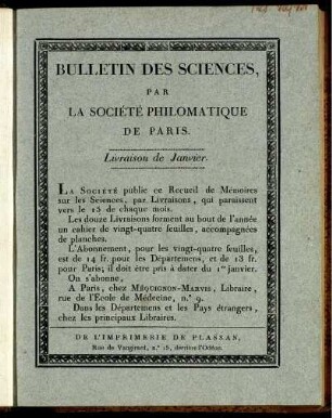 Bulletin Des Sciences, Par La Société Philomatique De Paris. Livraison de Janvier.