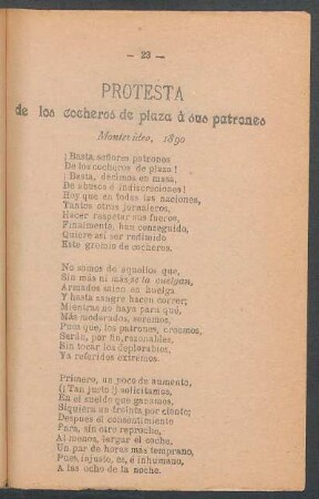Protesta de los cocheros de plaza á sus patrones : Montevideo, 1890