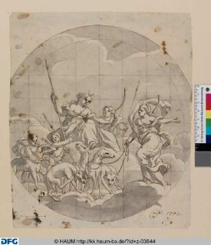 Kassel, Entwurf eines runden Deckengemäldes: Diana mit Speer und Bogen auf Wolken, umgeben von Jagdhunden