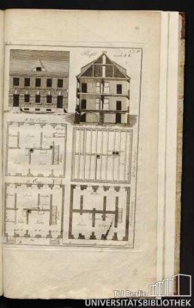 Bl. 5, No. V. Profil nach A. B. A 2te Etage, 1te Etage B, Dachbalkenlage, Souterrain.